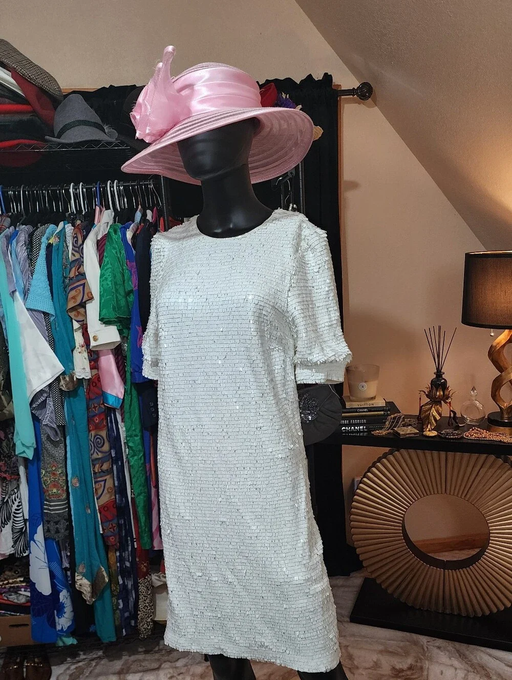 Vintage 80's Pink Wide-Brim Hat with Satin Rose and Sheer Bow
